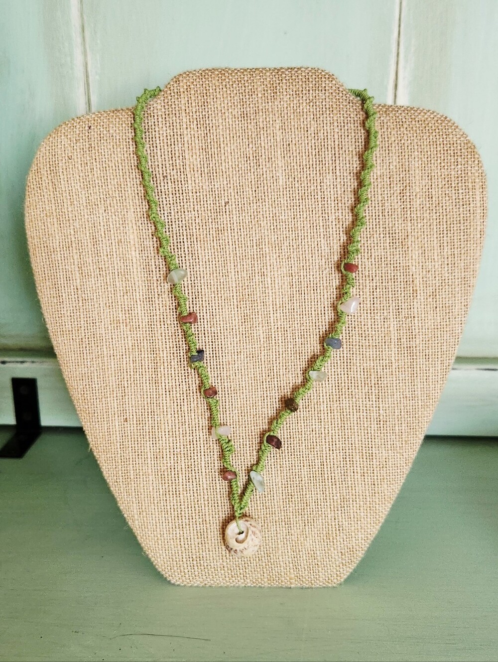 Handmade Green Beaded Macrame Necklace with Shell Pendant